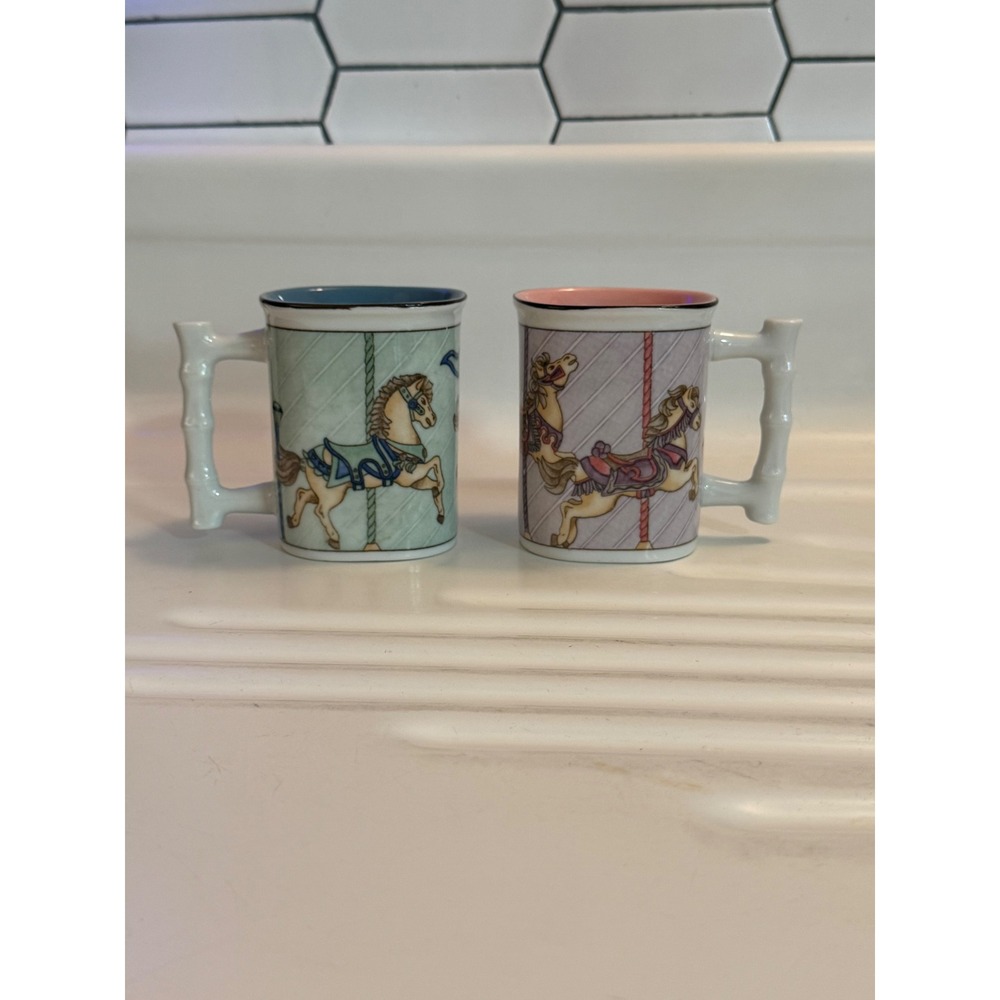 Vintage Carousel Horse Ceramic Mug Set Mint Blue Lavender Pink Faux Bois Handle